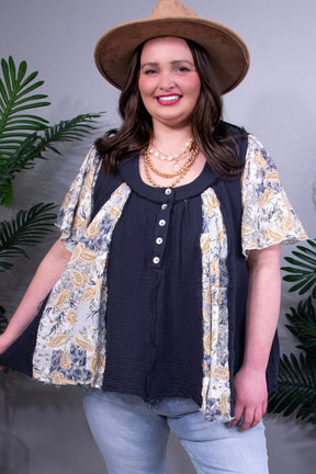 All The Pretty Girls Charcoal Printed Frayed Hem Top - T11277CH