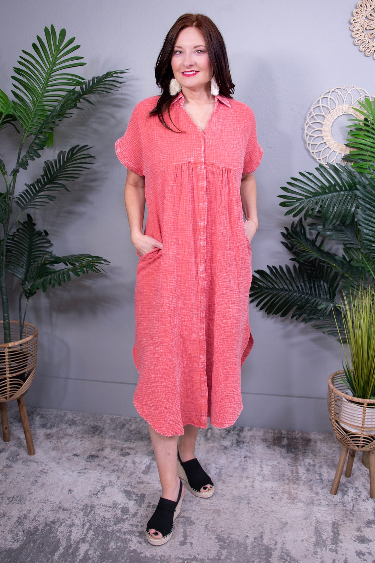 Dressed To Impress Burnt Coral Mineral Wash Shirt Dress