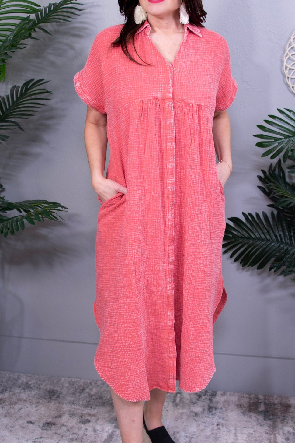 Dressed To Impress Burnt Coral Mineral Wash Shirt Dress - D5736CO
