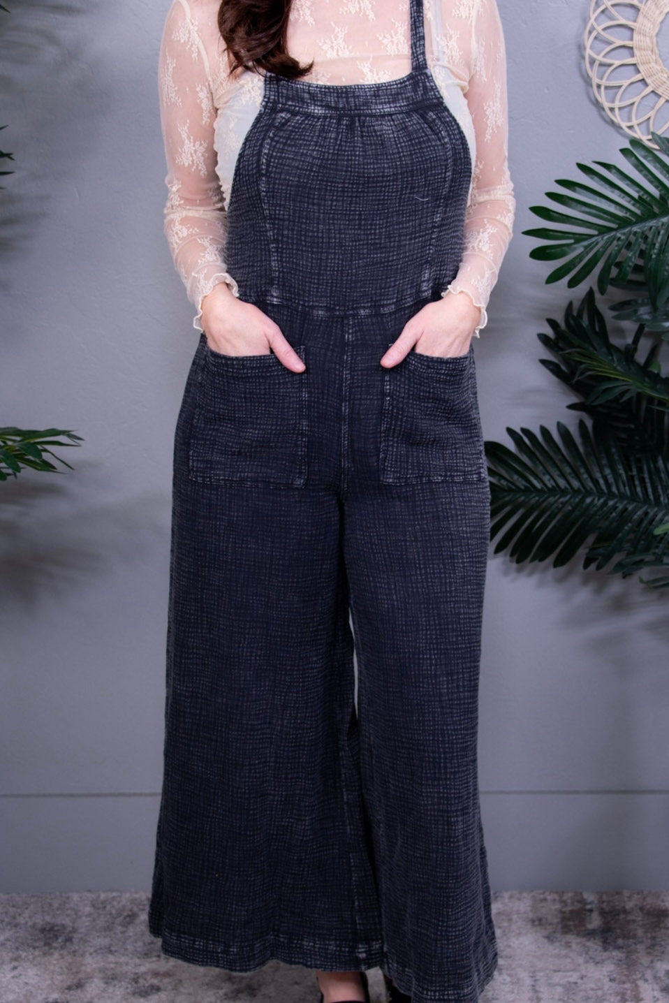 Overall Vibes Washed Black Textured Wide Leg Overalls - RMP879BK