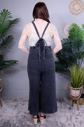 Overall Vibes Washed Black Textured Wide Leg Overalls