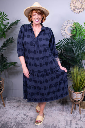 Full Of Sass Dark Navy Dotted Jacquard Midi Dress