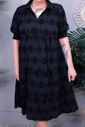 Classy on Repeat Black Swiss Dot Jacquard Tiered Midi Dress