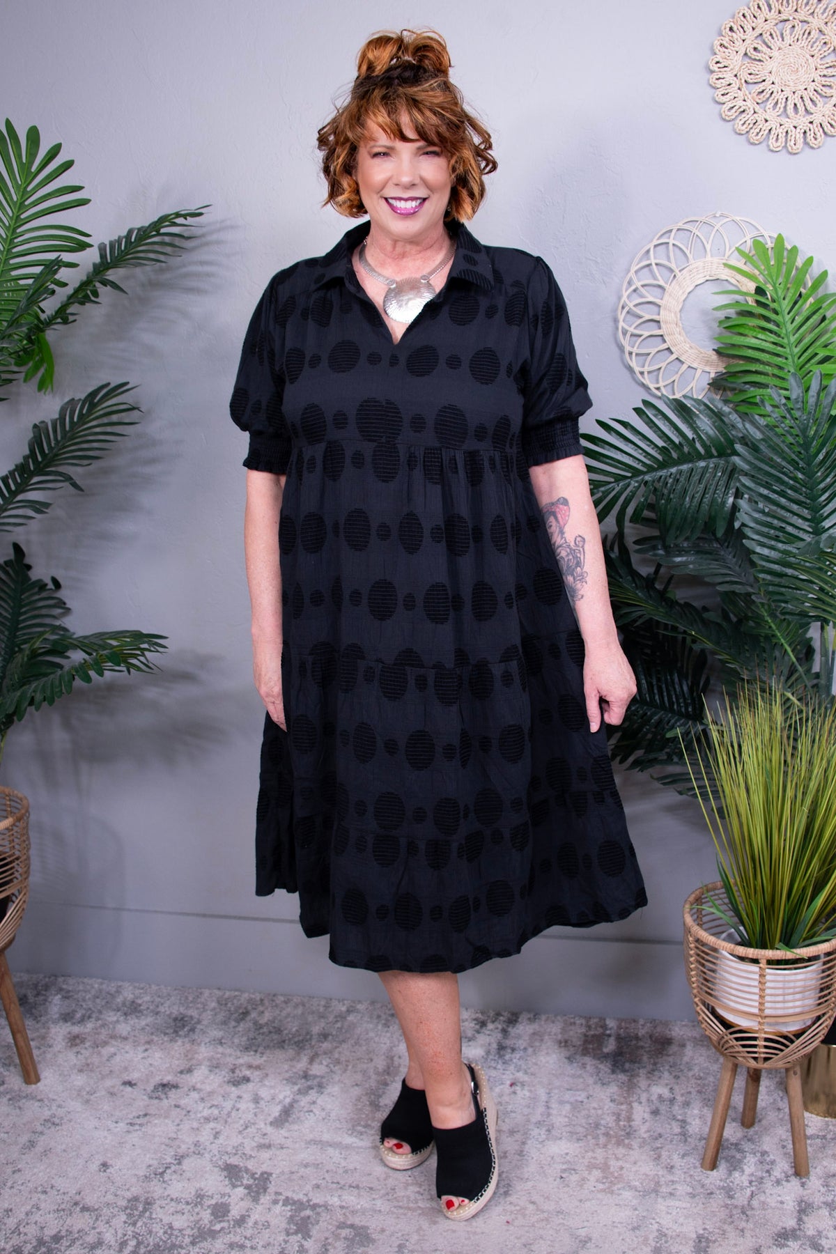 Classy on Repeat Black Swiss Dot Jacquard Tiered Midi Dress D5686BK