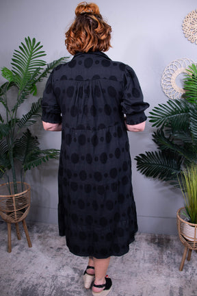 Classy on Repeat Black Swiss Dot Jacquard Tiered Midi Dress