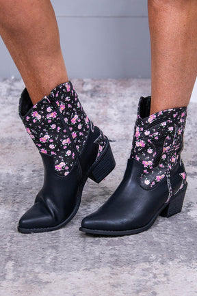 Cowgirl Era Black/Multi Color Floral Cowgirl Booties - SHO2741BK