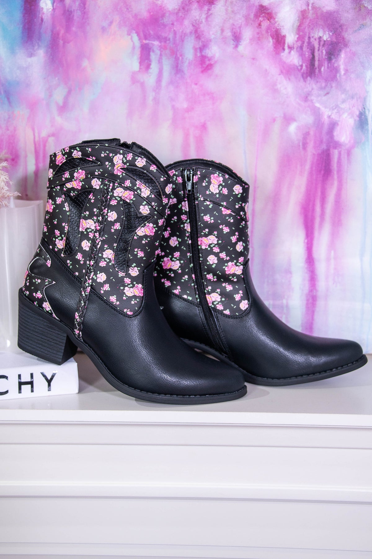 Cowgirl Era Black/Multi Color Floral Cowgirl Booties - SHO2741BK