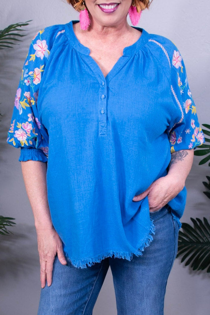 Moment In Time Cerulean Embroidery Top- T11285CE