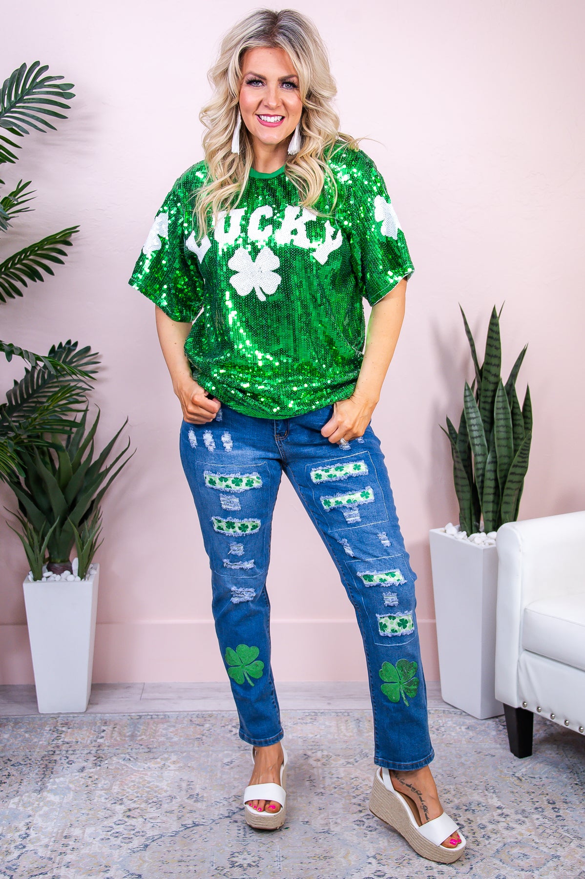 Going Green Today Green/White Lucky Sequin Top - T8890GN