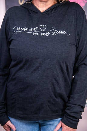 I Wear My Heart On My Sleeve Charcoal Black Long Sleeve Hooded Graphic Tee - A2841CBK