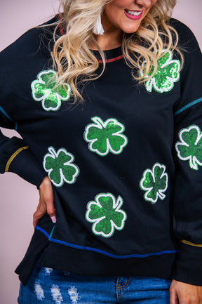 Try Your Luck Black/Green Sequin Clover Sweatshirt - T8895BK