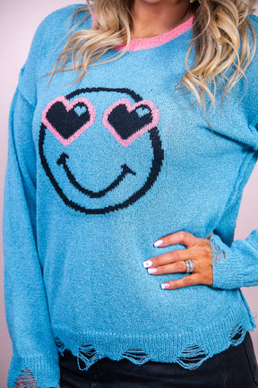 Smile Someone Loves You Blue/Multi Color Distressed Happy Face Top - T8900BL