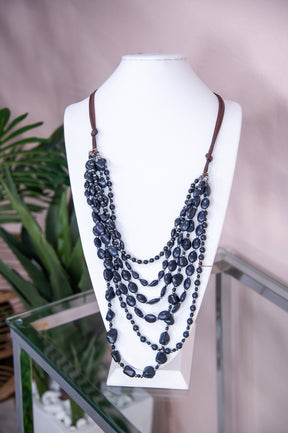 Black/Silver/Brown Multi-Layer Beaded/Cord Necklace - NEK4208BK