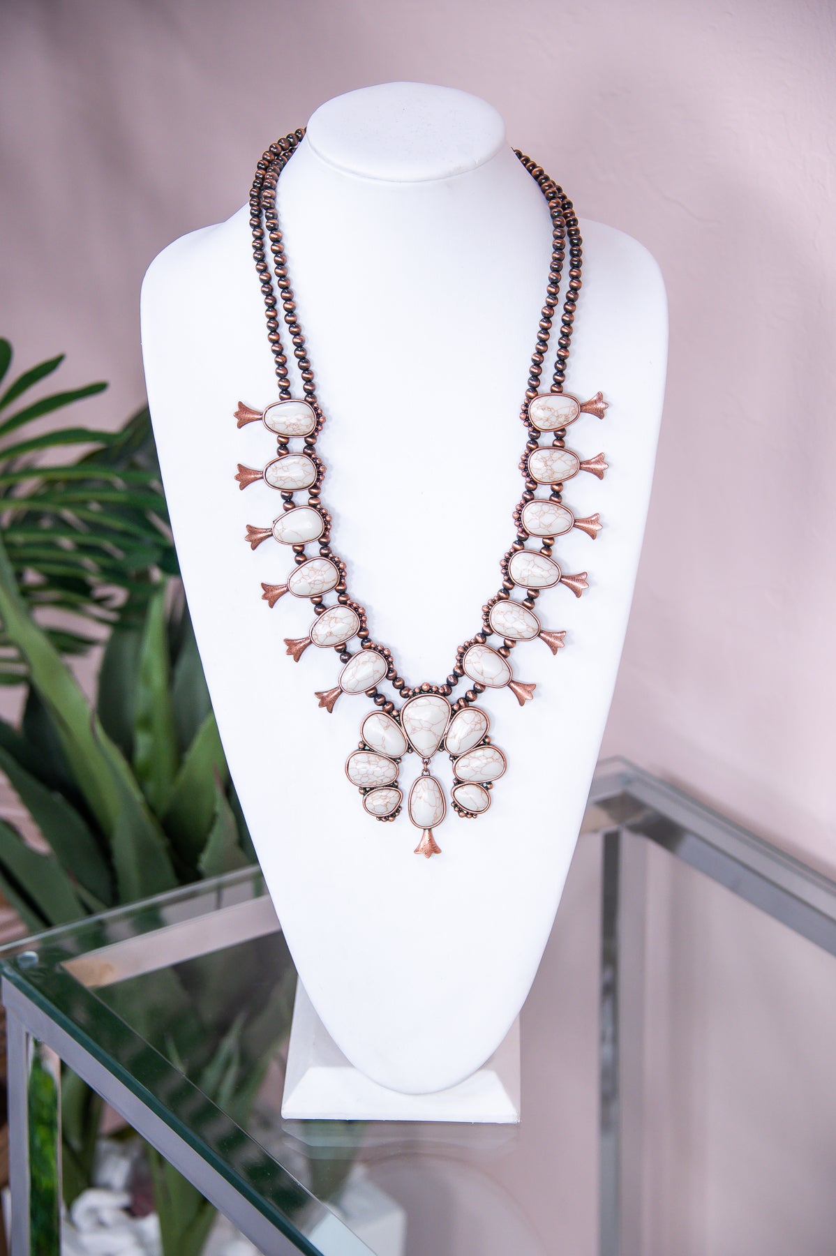 Ivory/Copper Beaded/Marble Stone Squash Blossom Necklace - NEK4221IV