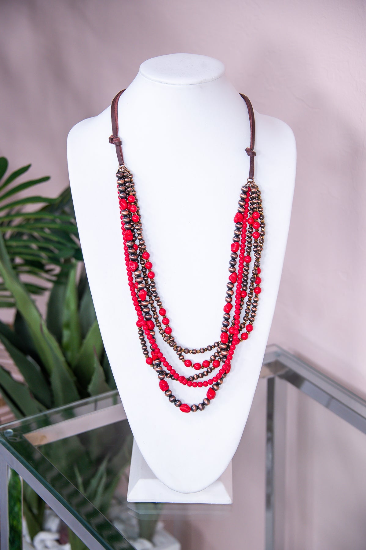 Red/Copper Layered Beaded Cord Necklace - NEK4214RD