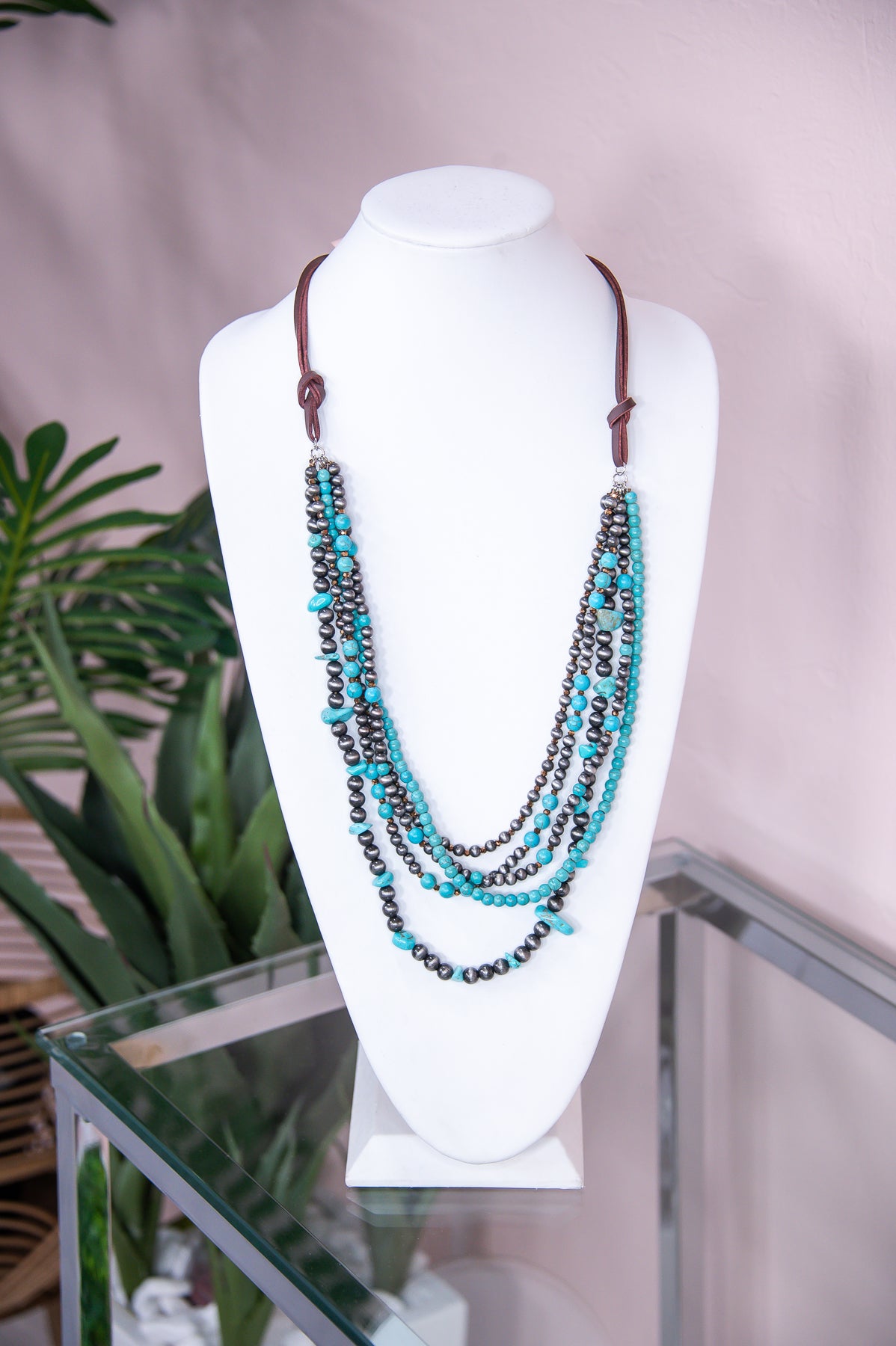 Turquoise/Silver Layered Beaded Cord Necklace - NEK4215TU