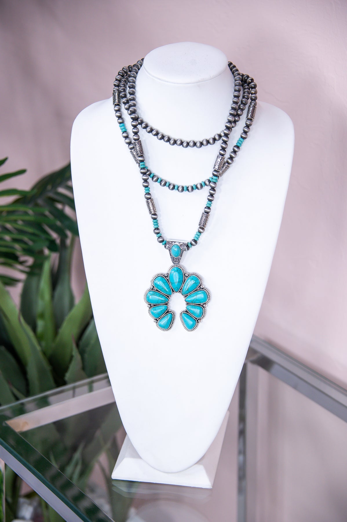 Turquoise/Silver Multi Layered Beaded/Marble Stone Squash Blossom Necklace - NEK4219TU