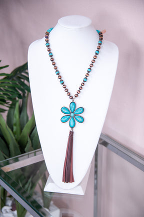 Turquoise/Silver Flower/Tassel Pendant Beaded Necklace - NEK4209TU