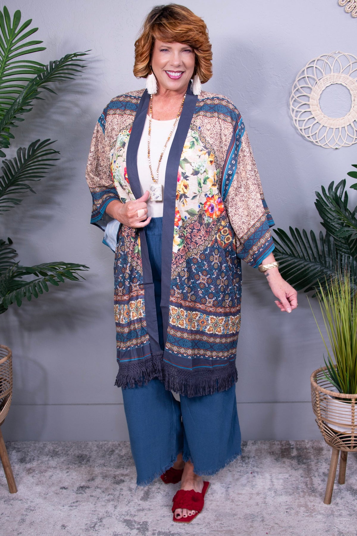 Free Spirit Fringe Hem Printed Kimono