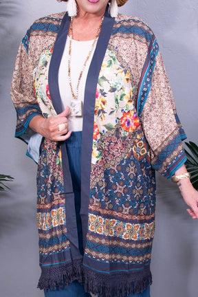 Free Spirit Fringe Hem Printed Kimono