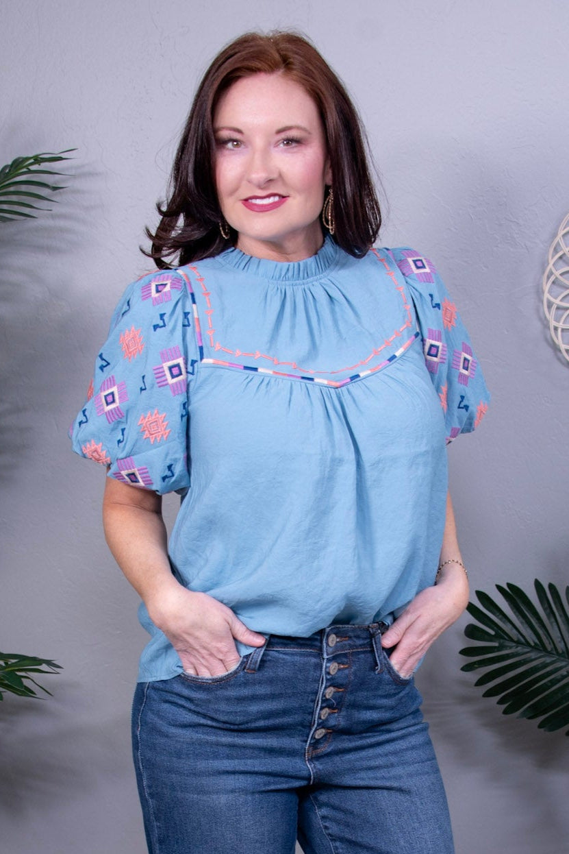 Girly Chic Teal Embroidered Puff Sleeve Top- T11291TE