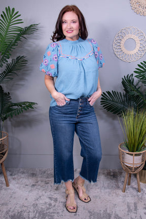 Girly Chic Teal Embroidered Puff Sleeve Top