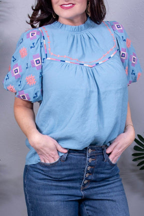 Girly Chic Teal Embroidered Puff Sleeve Top