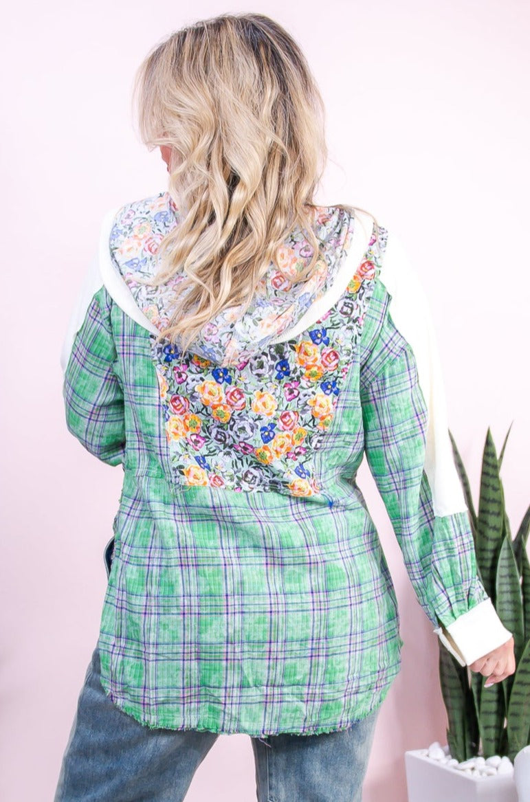 Modern Thinker Green/Multi Color Plaid/Floral Patchwork High-Low Top - T9679GN