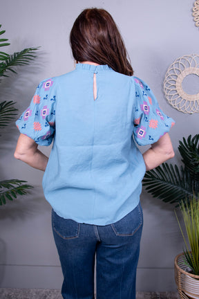Girly Chic Teal Embroidered Puff Sleeve Top