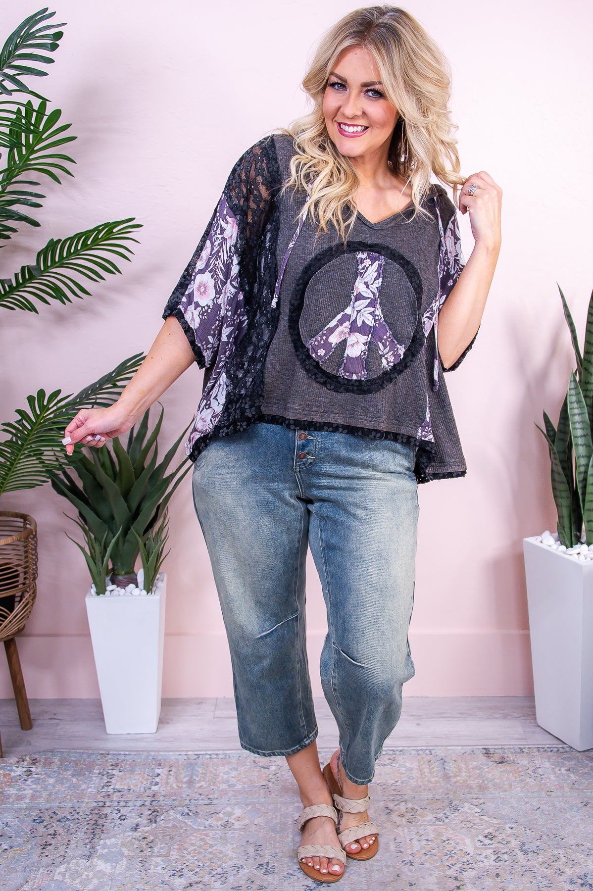 Find Peaceful People Charcoal/Multi Color/Pattern Patchwork Asymmetrical Top - T9677CH