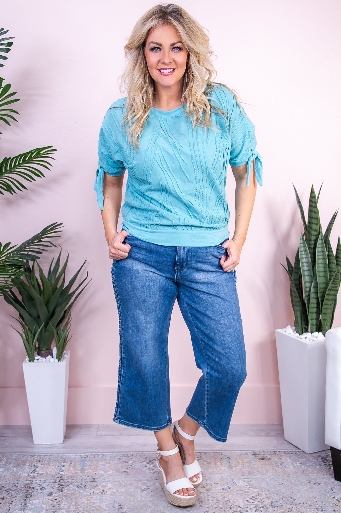 The Winds & The Waves Turquoise Solid  Striped Top - T9686TU