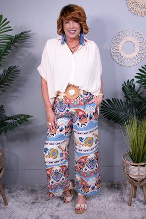Boho Flow Blue Wide Leg Border Print Pants