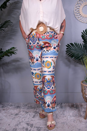 Boho Flow Blue Wide Leg Border Print Pants