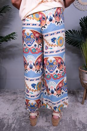 Boho Flow Blue Wide Leg Border Print Pants