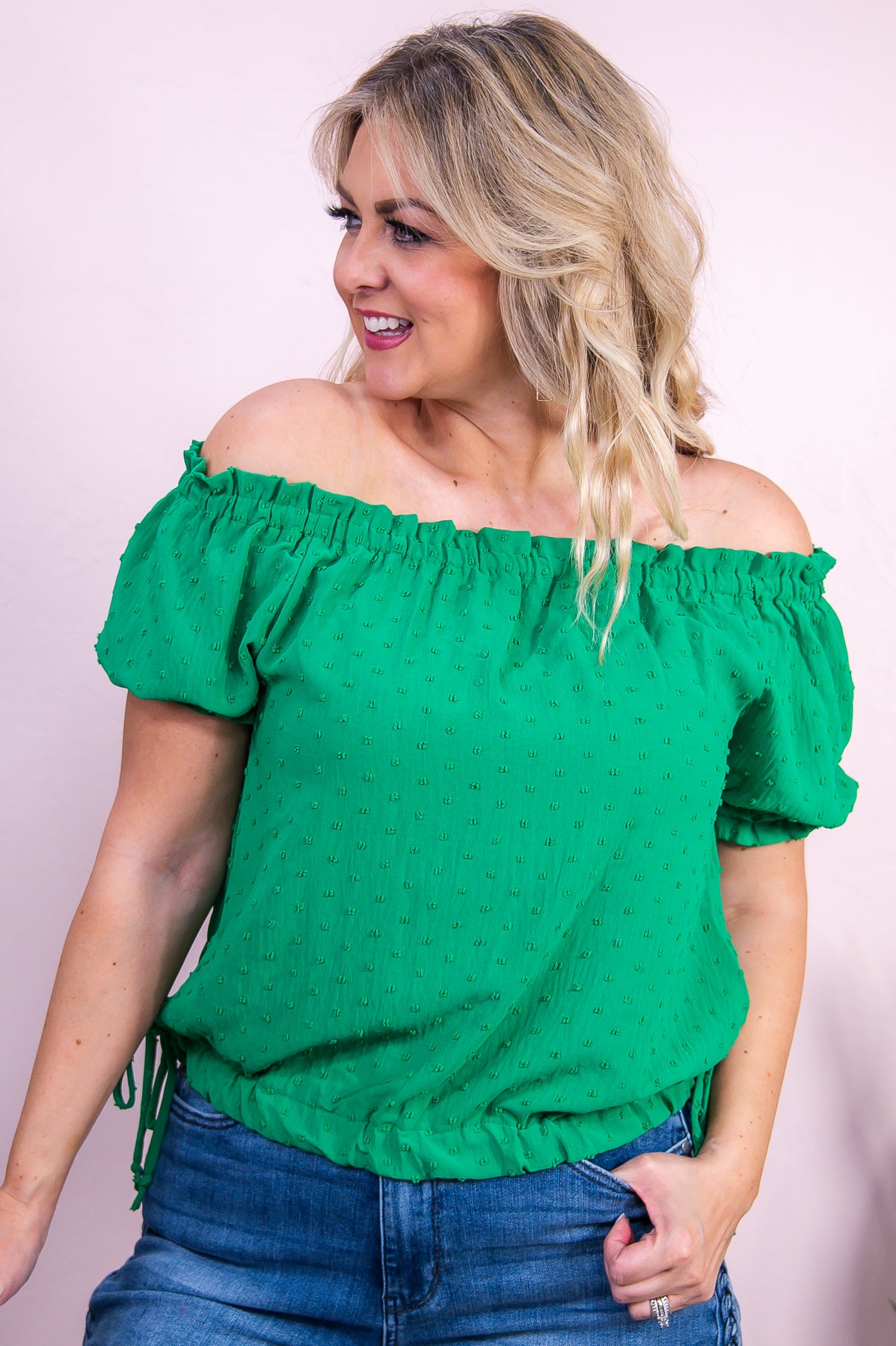 Dance With The Sun Kelly Green Solid Polka Dot Top - T9685KGN