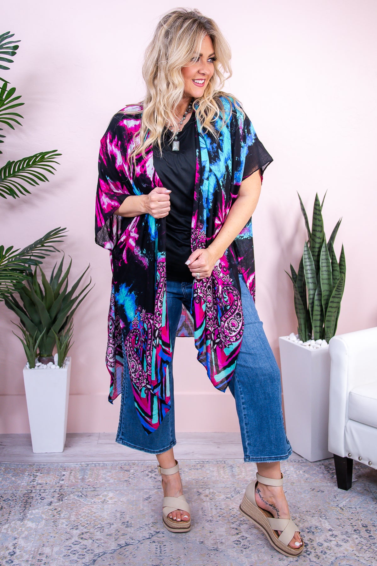 Out Of This World Magenta/Multi Color Paisley/Tie Dye Kimono (One Size 4-18) - O5448MG