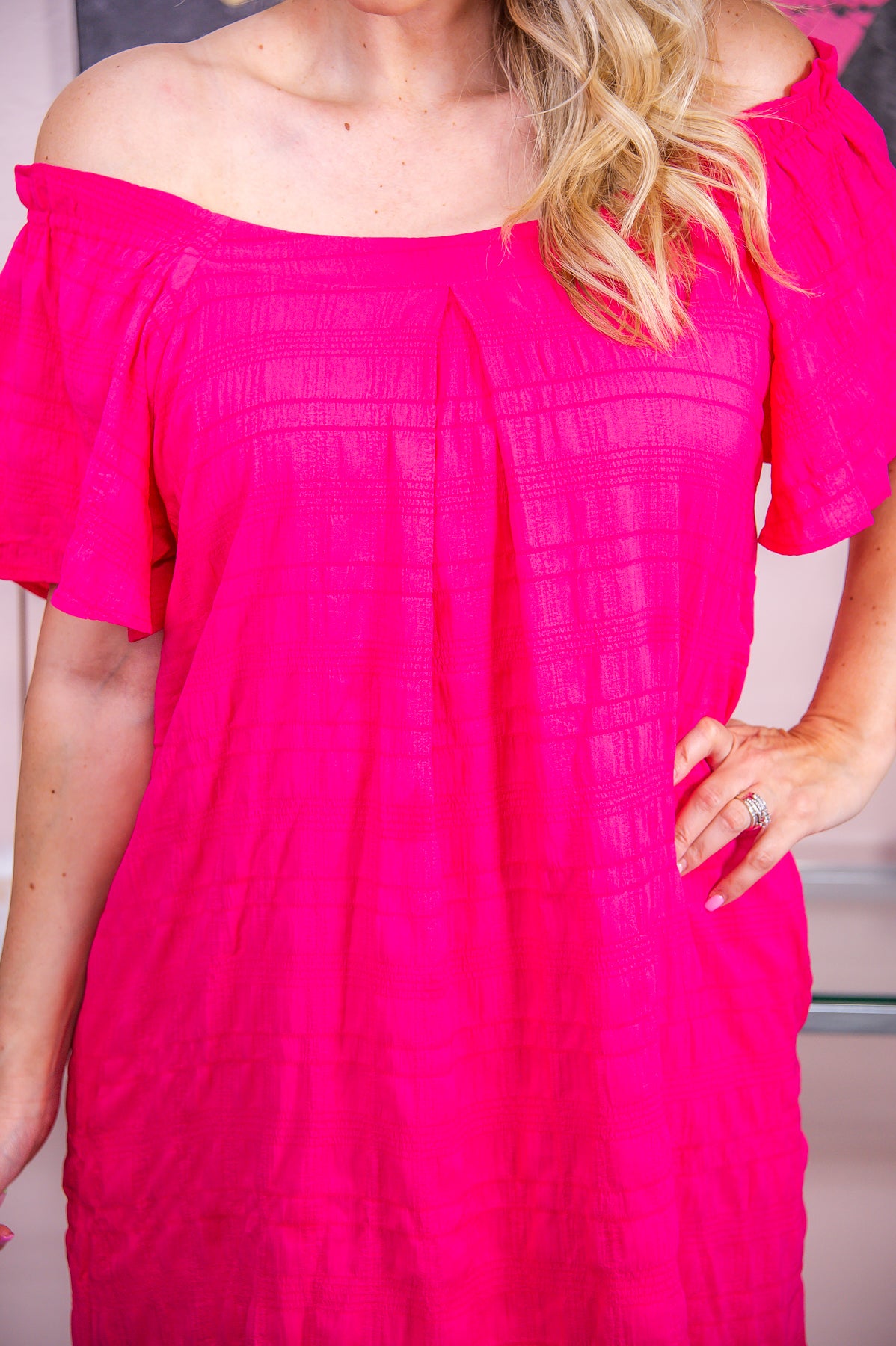 Forever Fancy Fuchsia Solid Off The Shoulder Dress - D4917FU
