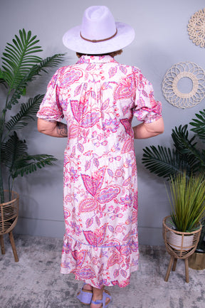 Pink It Over Ruffled Hem Floral Paisley Midi Dress Plus