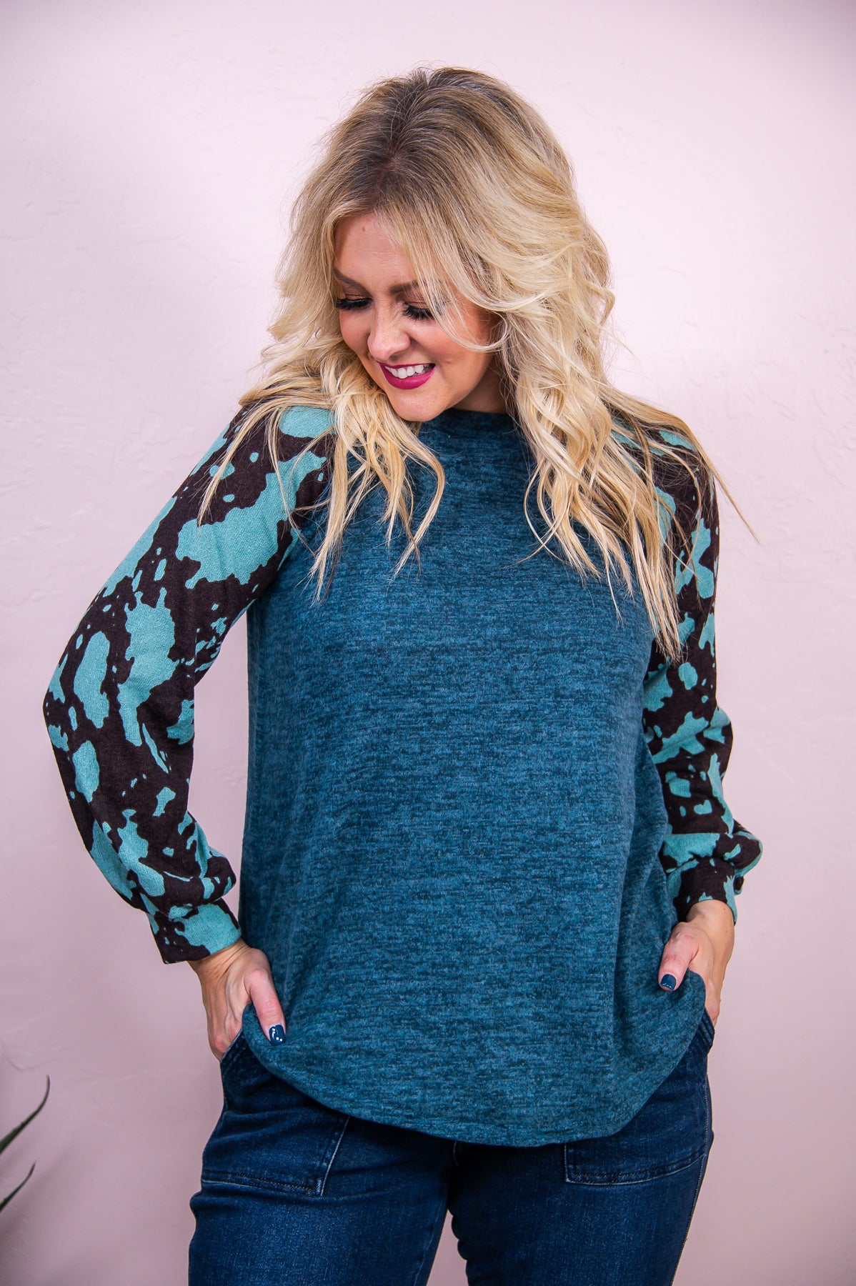 Call It A Night Heather Teal/Multi Color Printed Top - T8238HTE