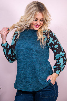 Call It A Night Heather Teal/Multi Color Printed Top - T8238HTE