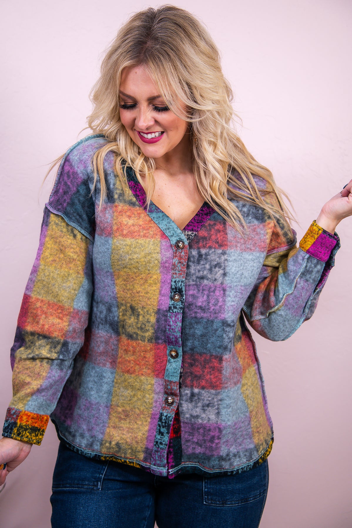 Meadow Melodies Purple/Multi Color Checkered Cardigan - O5054PU