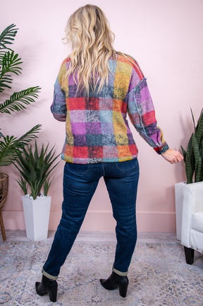 Meadow Melodies Purple/Multi Color Checkered Cardigan - O5054PU