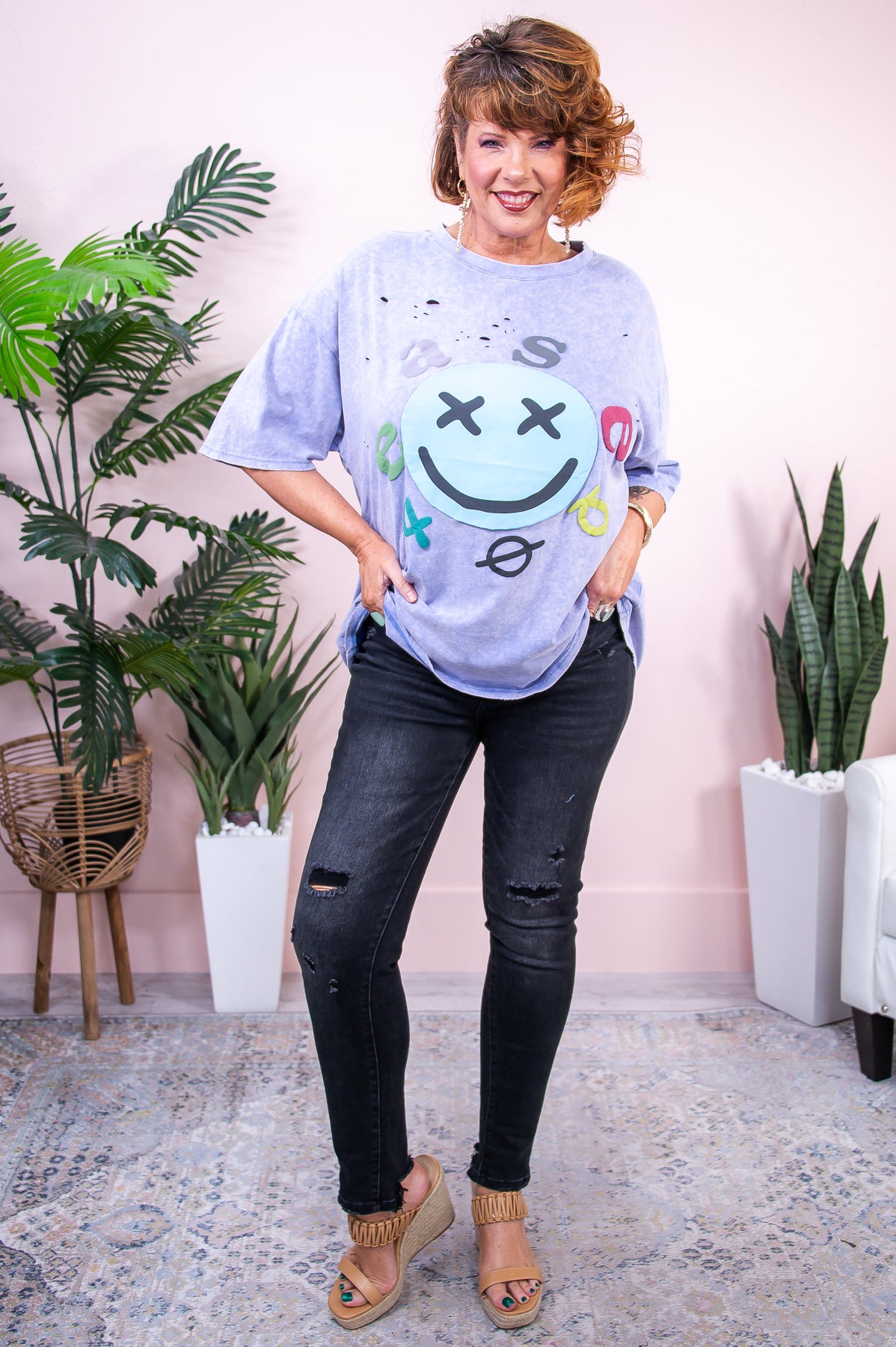 Smilin' And Stylin' Periwinkle/Multi Color Smiley Face Distressed Top - T8908PW