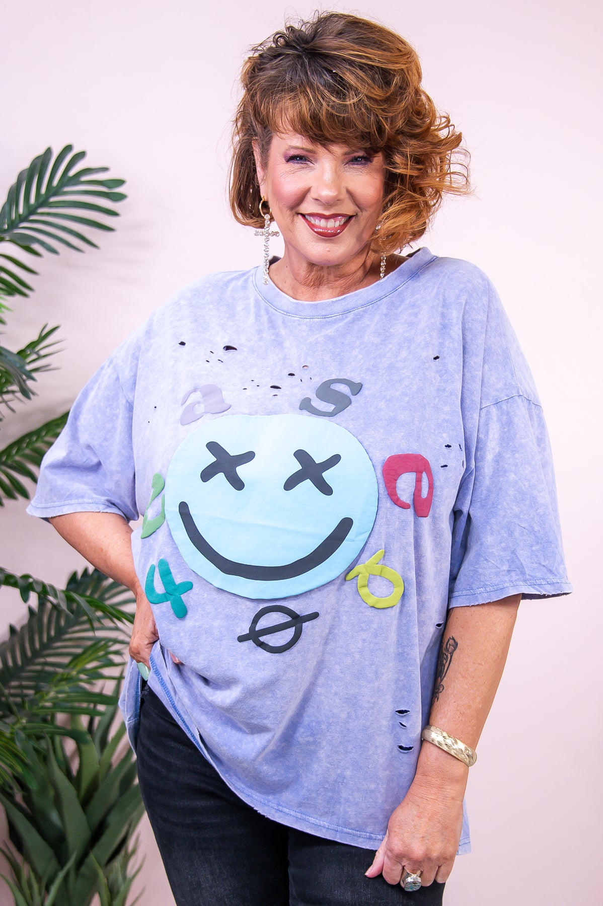 Smilin' And Stylin' Periwinkle/Multi Color Smiley Face Distressed Top - T8908PW