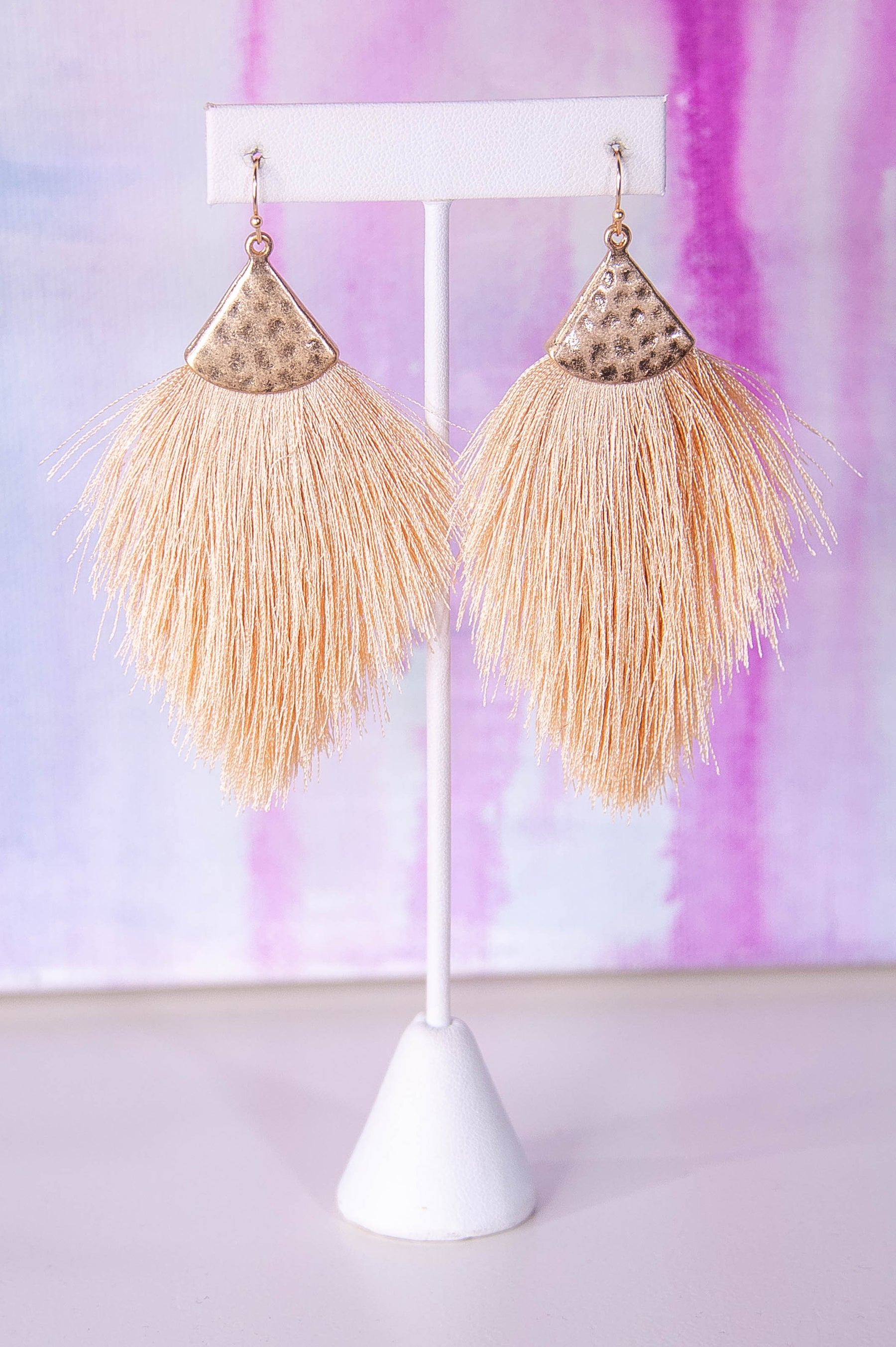 Beige/Gold Hammered Fringe Tassel Earrings - EAR4407BG