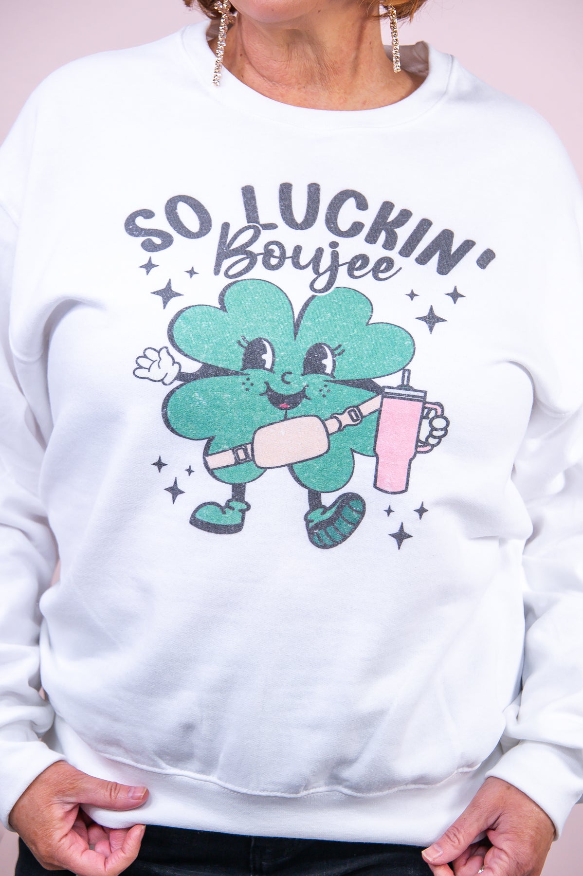 So Luckin' Boujee White Long Sleeve Graphic Sweatshirt - A3172WH