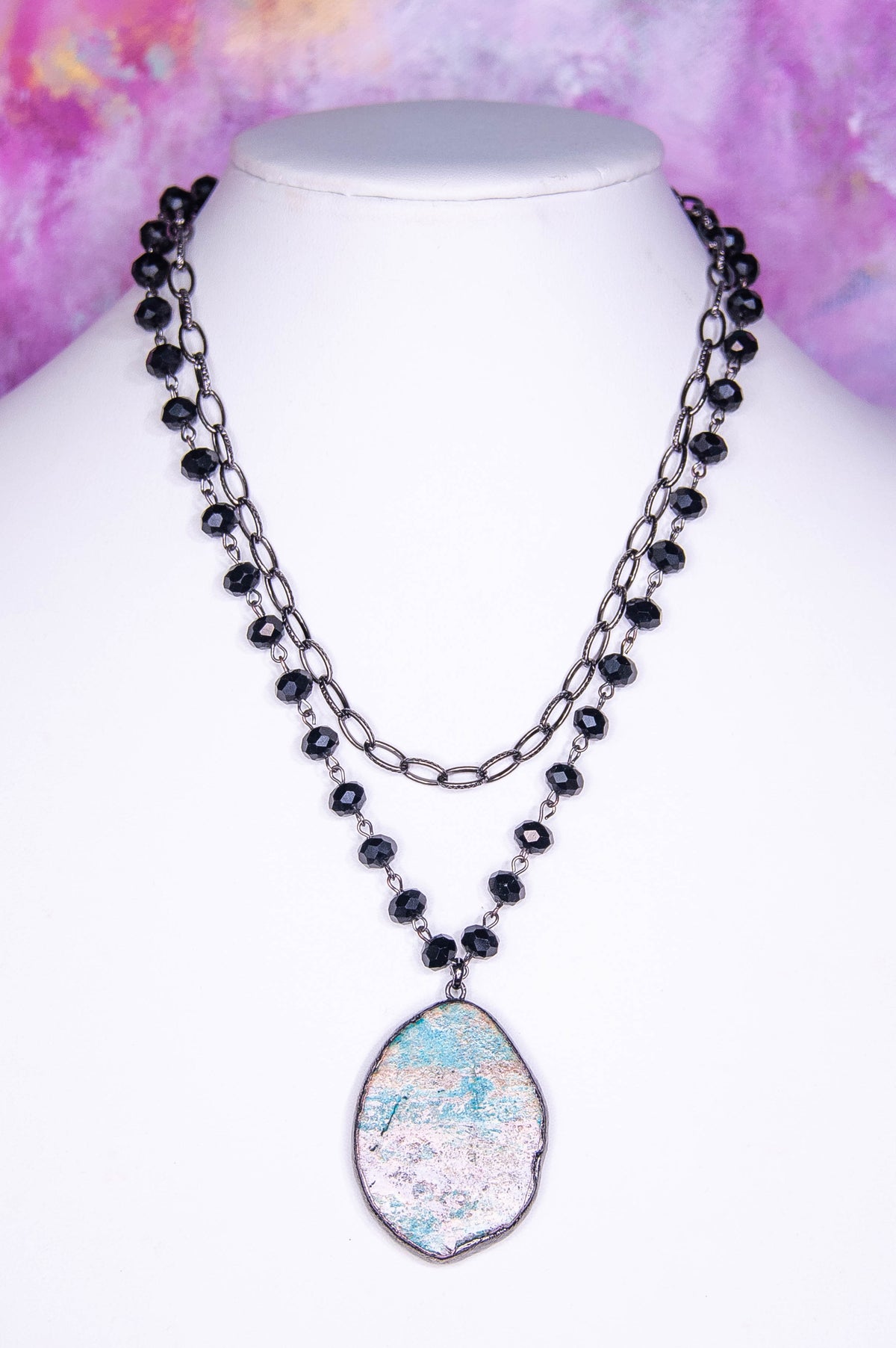 Black/Multi Color Beaded Chain Link Layered Pendant Necklace - NEK4373BK
