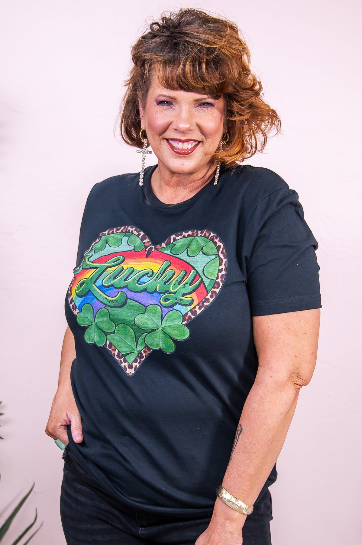 May Luck Be With You Vintage Black Lucky Clover/Rainbow/Heart Graphic Tee - A3173VBK