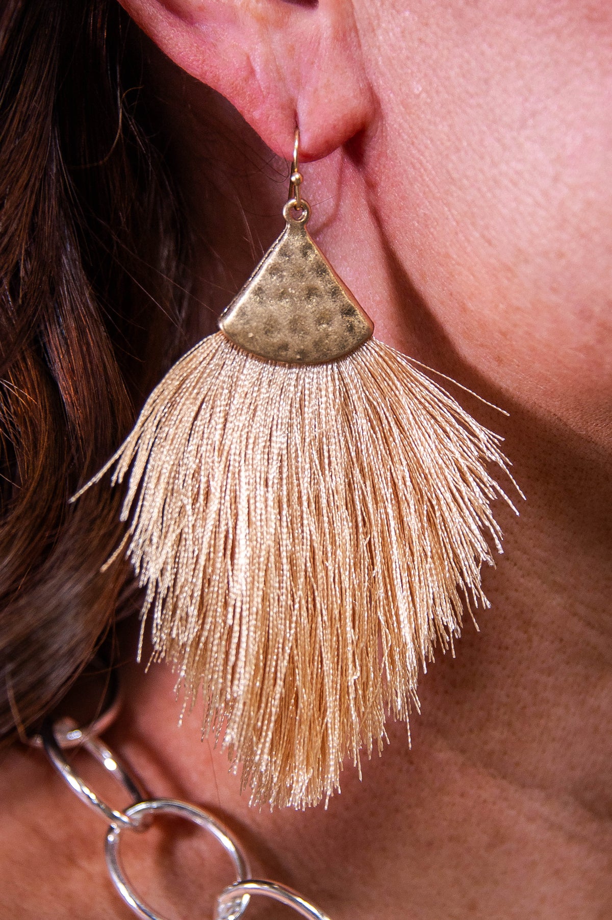 Beige/Gold Hammered Fringe Tassel Earrings - EAR4407BG