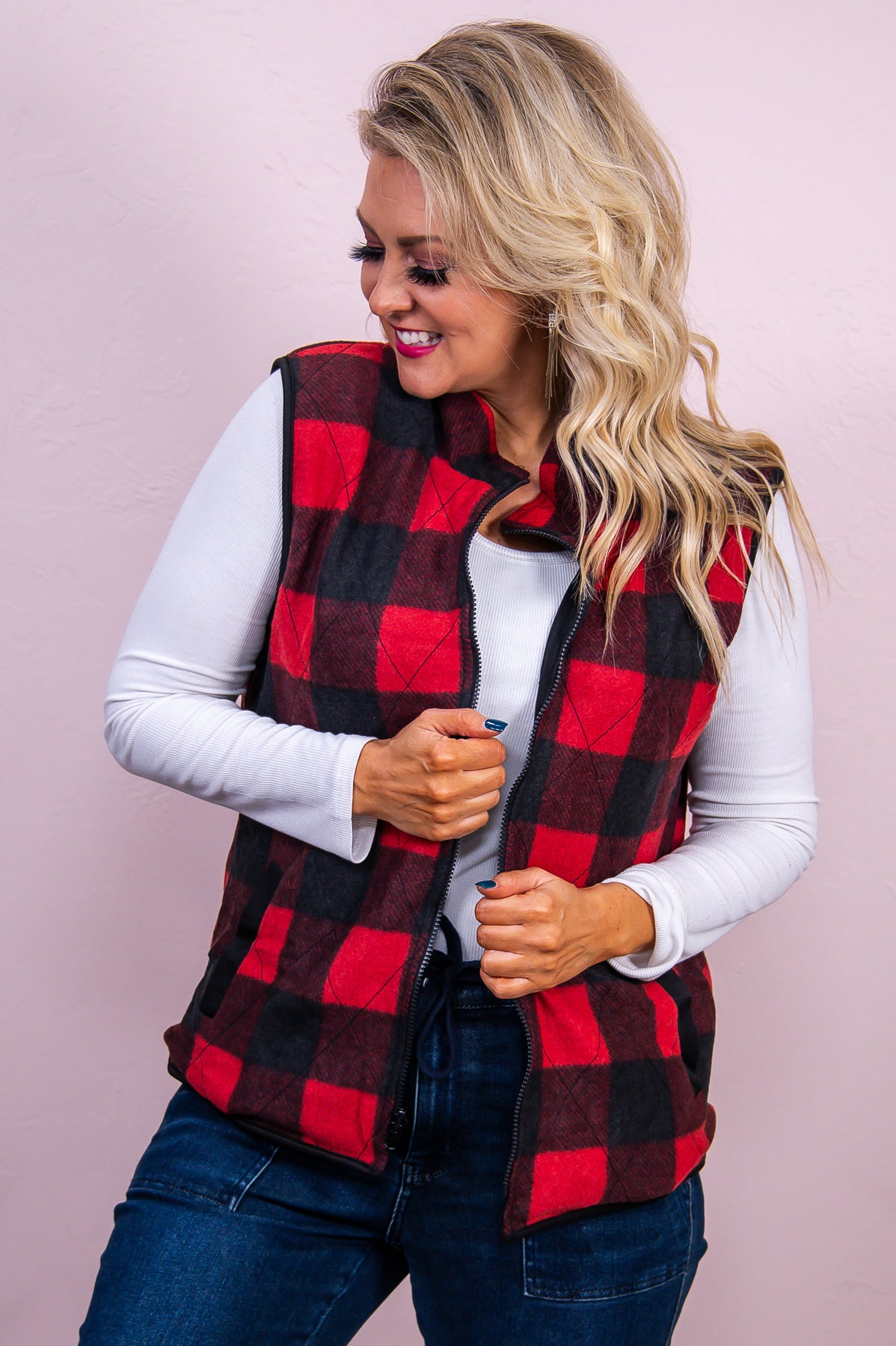 First Sign Of Winter Red/Black Buffalo Plaid Vest - O5043RD